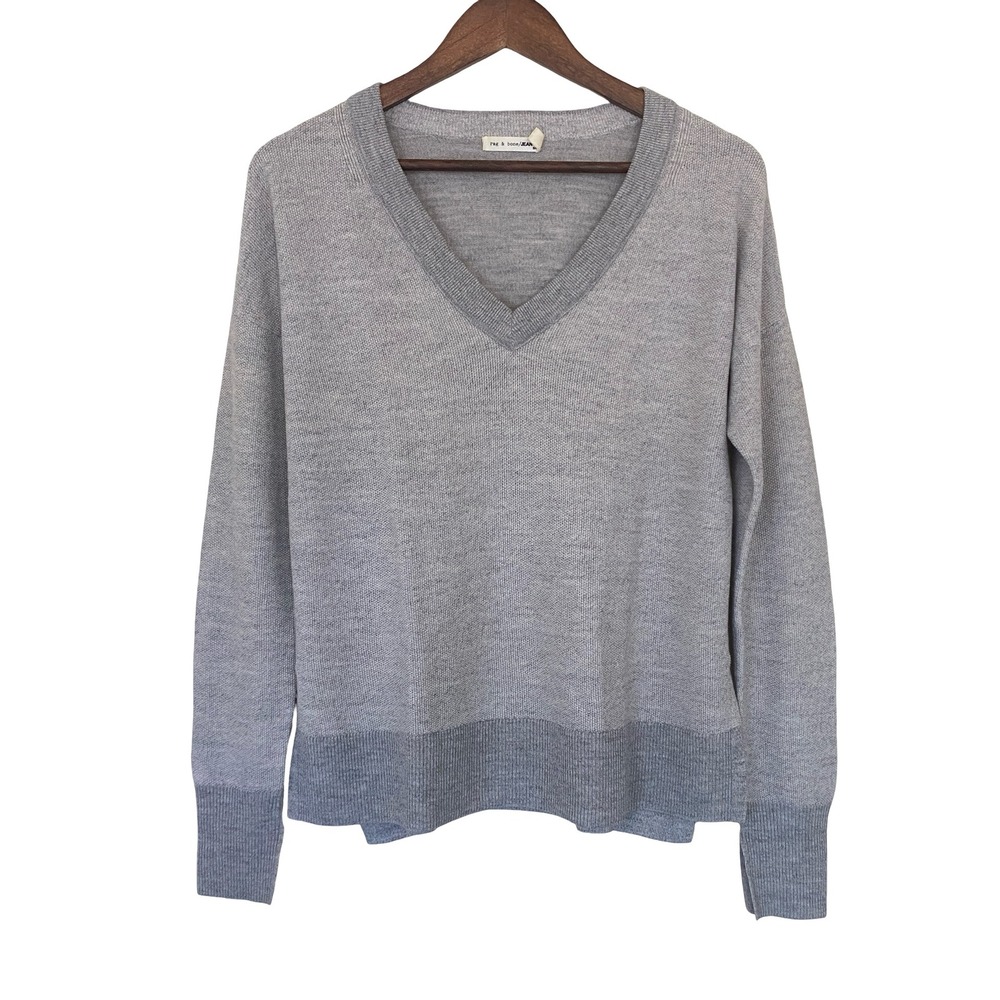 rag & bone/JEAN Women's V-Neck Sweater S Grey Merino Wool Mixed Knit Side‎ Slit